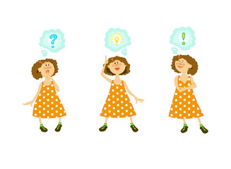 A set of characters. The child solves a problem. Girl with a variety of emotions.
The child in different poses.