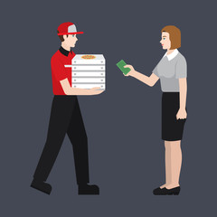 Pizza delivery boy handing pizza box to a girl/ business woman. Woman giving money for her order. Flat style illustration or icon. EPS 10 vector.