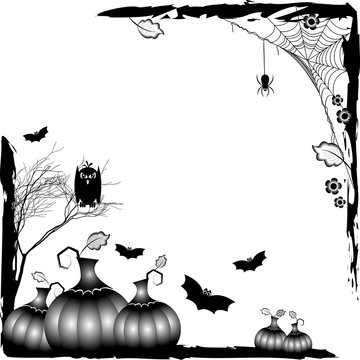 Holiday card on theme of Halloween. Black corner frames with grey pumpkins, bats and spiders on webs at cemetery on white background. Trick or treat. Raster illustration