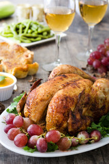 Thanksgiving dinner on rustic wooden background

