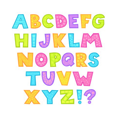 Cute bright childish alphabet with patterns on letters/