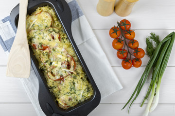 potato and pasta casserole with fresh vegetables