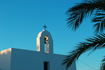Formentera, Isole Baleari: il campanile della chiesa parrocchiale nel piccolo villaggio di El Pilar...