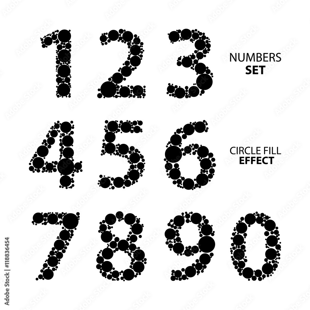 Poster Set of numbers made from dots. Circle fill effect. Vector illustration.