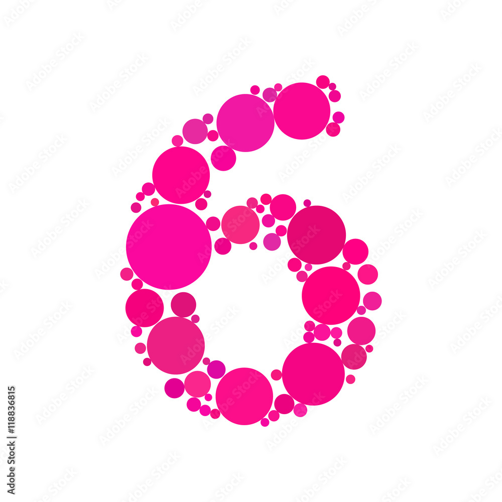 Poster Number 6 made from dots. Circle fill effect. Vector illustration.