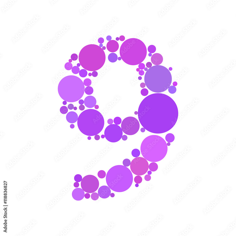 Poster Number 9 made from dots. Circle fill effect. Vector illustration.