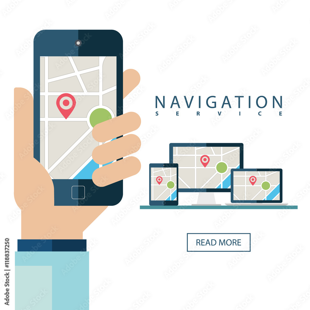 Poster GPS services concept. Desktop computer, laptop, tablet and hand holding mobile phone with navigation application on the screen. Vector illustration.