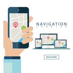 GPS services concept. Desktop computer, laptop, tablet and hand holding mobile phone with navigation application on the screen. Vector illustration.