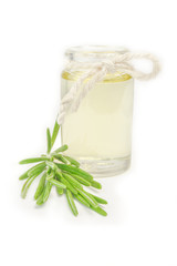 rosemary oil and fresh herbs on white background