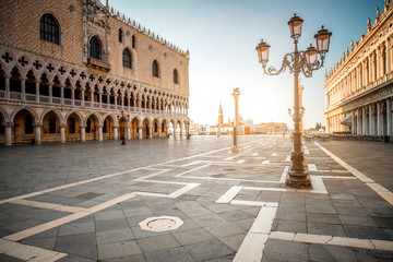 Morning view on San Marco square with Doges palace and San Giorgio Maggiore island on the background