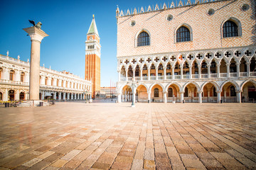 Morning view on San Marco tower, column and Marciana library in the center of Venice