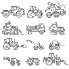 agricultural machinery icons set.  collection. Thin line design