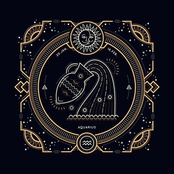 Vintage thin line Aquarius zodiac sign label. Retro vector astrological symbol, mystic, sacred geometry element, emblem, logo. Stroke outline illustration.
