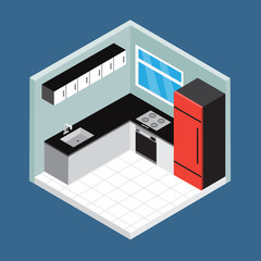 Isometric kitchen room vector design.