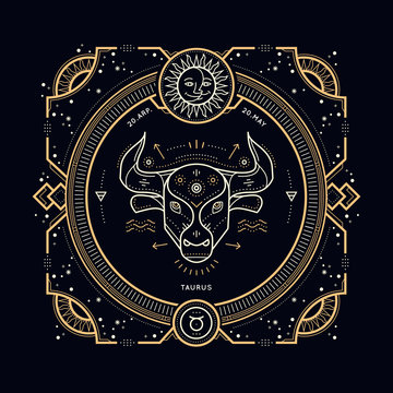 Vintage thin line Taurus zodiac sign label. Retro vector astrological symbol, mystic, sacred geometry element, emblem, logo. Stroke outline illustration.