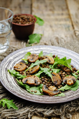 Green lentils mushroom arugula salad