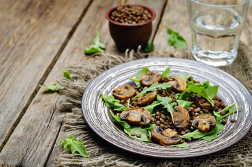 Green lentils mushroom arugula salad