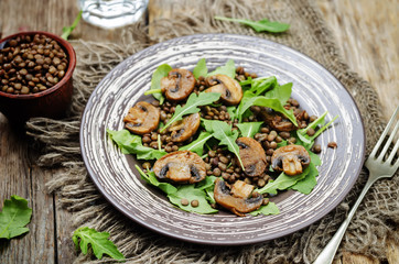 Green lentils mushroom arugula salad