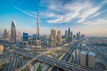 Peel and stick wall murals Burj Khalifa Dubai skyline with beautiful city close to it's busiest highway on traffic