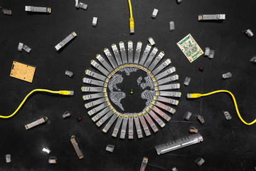 Electrical Internet SFP network modules as the shape of Earth, network switch, RJ45 ethernet...
