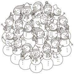 Circle shape pattern with cute snowmen for coloring book