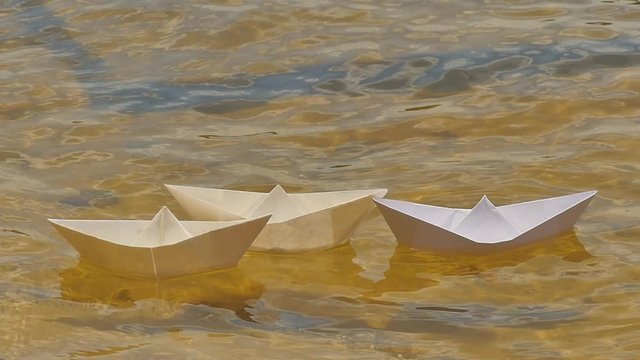 Three White Paper Ships Are Floating by River Childish Amusement Game Dream Surface Loneliness Solitude Flotilla of Paper Ships Paper Ship on a River Sunny