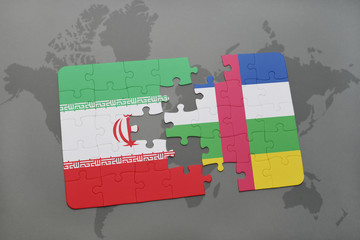 puzzle with the national flag of iran and central african republic on a world map background.
