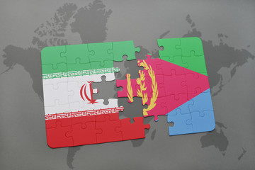 puzzle with the national flag of iran and eritrea on a world map background.