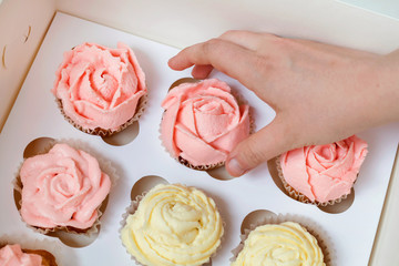 Cupcakes with pink and yellow cream in paper box on brown backgr