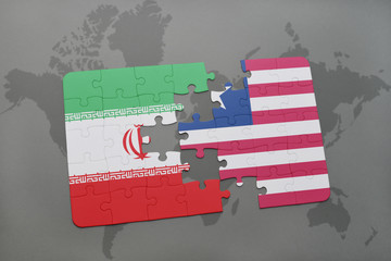 puzzle with the national flag of iran and liberia on a world map background.