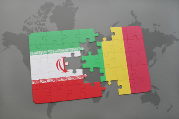 puzzle with the national flag of iran and mali on a world map background.