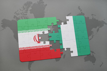 puzzle with the national flag of iran and nigeria on a world map background.