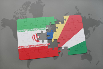 puzzle with the national flag of iran and seychelles on a world map background.