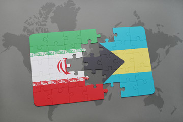 puzzle with the national flag of iran and bahamas on a world map background.