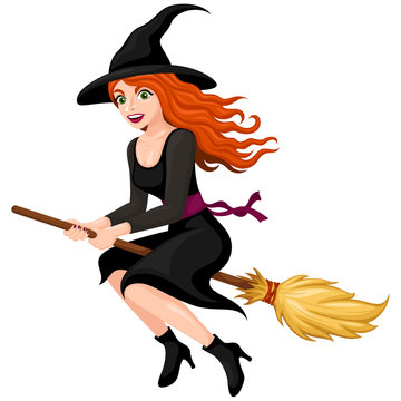 Vector illustration of a pretty, red-haired cartoon witch flying on her broom.
