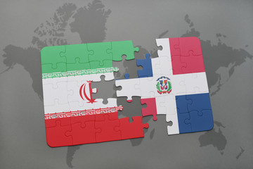 puzzle with the national flag of iran and dominican republic on a world map background.