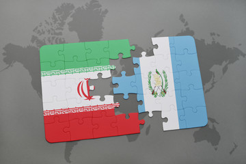 puzzle with the national flag of iran and guatemala on a world map background.