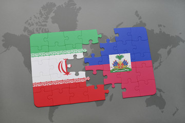 puzzle with the national flag of iran and haiti on a world map background.