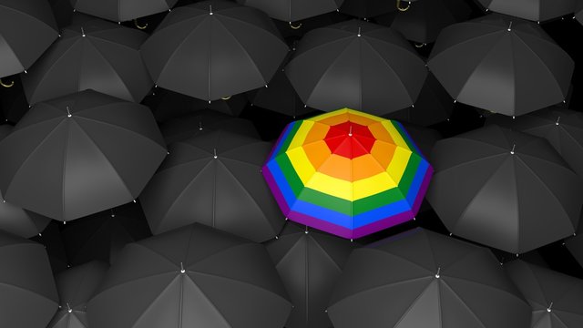 3d rendering umbrella with rainbow colors in black umbrellas background