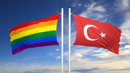 3d rendering gay flag with Turkey flag