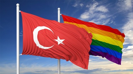 3d rendering gay flag with Turkey flag
