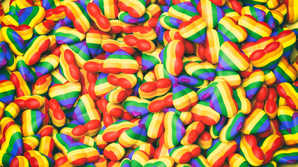 Fototapeta na wymiar 3d rendering hearts in gay flag colors background