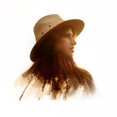 creative double exposure of beautiful boho woman at sunset in mo