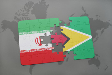 puzzle with the national flag of iran and guyana on a world map background.