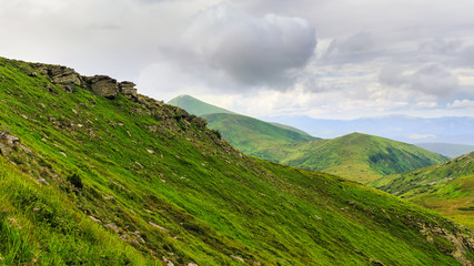 Fototapeta na wymiar Picturesque Carpathian mountains landscape, view from the height, Chornogora ridge, Ukraine.