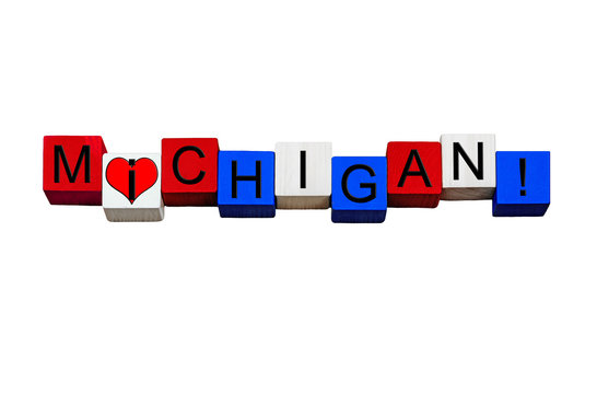 I Love Michigan, sign or banner design, American states. Isolated.
