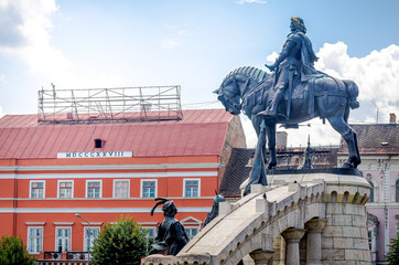 Matei Corvin ( Matthias Crovinus Rex ) statue monument in Unirii central Square in Cluj Napoca...