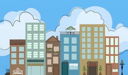 urban downtown district with apartments restaurants and shops with hand drawn detail lamppost bench flowers and outlined clouds and doorways in artsy style