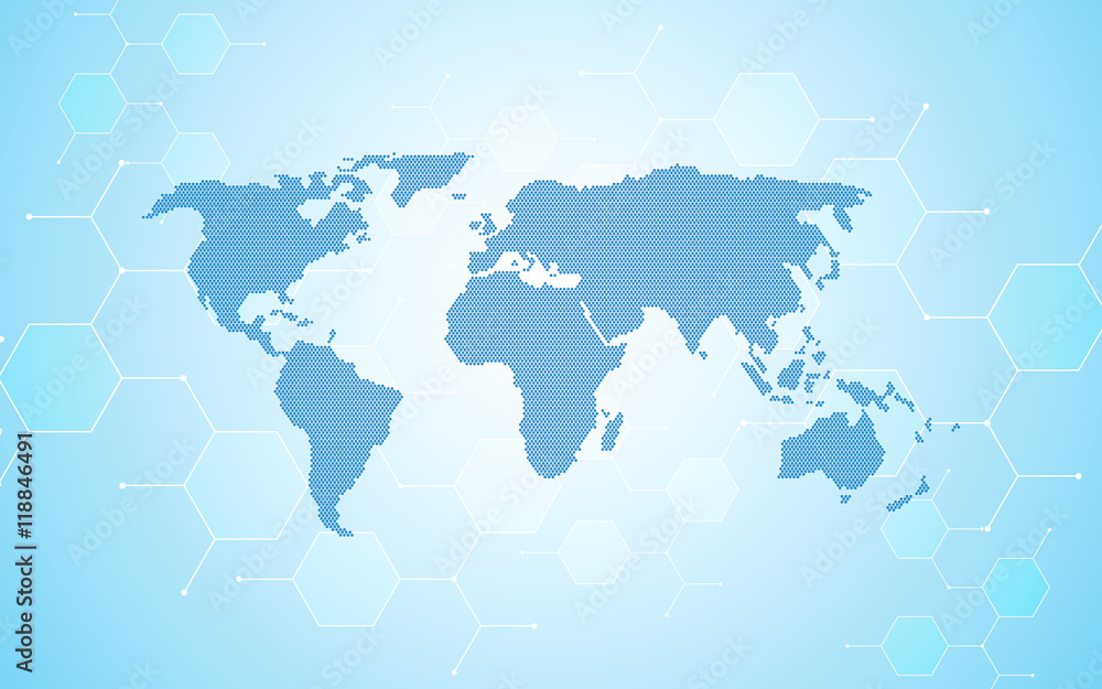 Poster abstract particle molecular atomic design world map network concept background