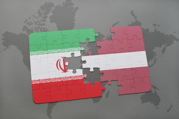 puzzle with the national flag of iran and latvia on a world map background.